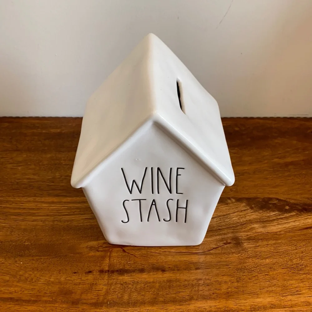 NWOT Rae Dunn Wine Stash Ceramic Cork Bank Magenta Black Lettering